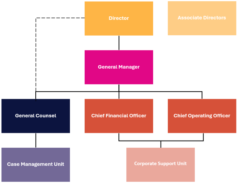 An image of the high level PSR organisational structure, that shows the case management unit reporting to the general counsel, the corporate support unit reporting to the chief operating officer and the chief financial officer. The general counsel, chief operating officer and chief financial officer all report to the general manager, who reports to the Director.